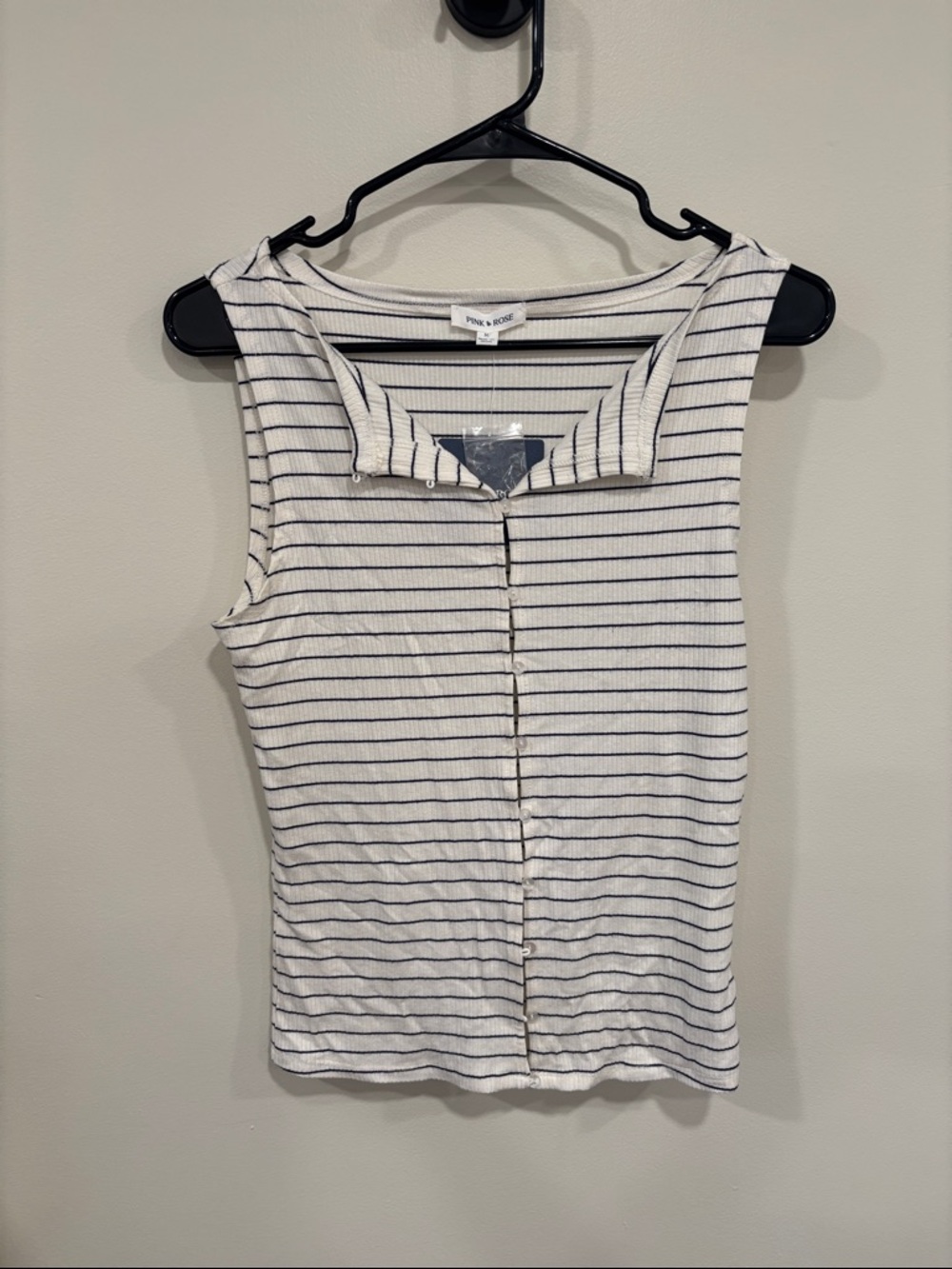 Pink Rose White Sleeveless Ribbed Button-Front Tank with Navy Stripes